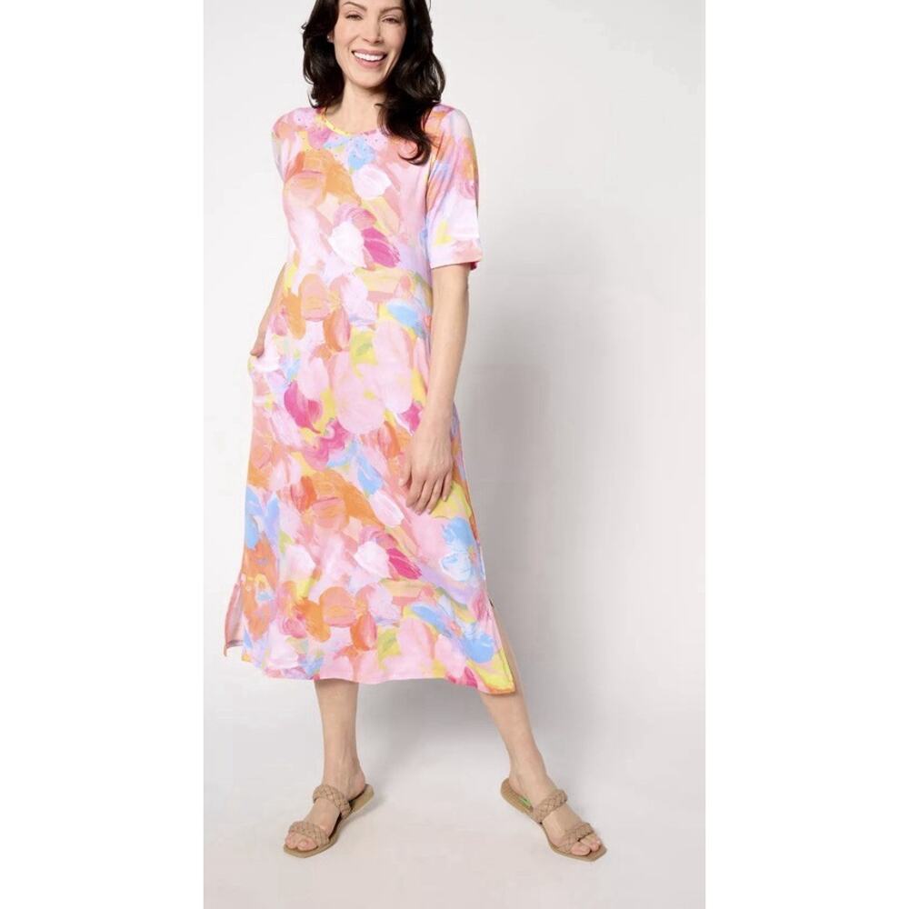 Quacker Factory Rhinestone Embellished Watercolor Floral Floribunda Dress Medium